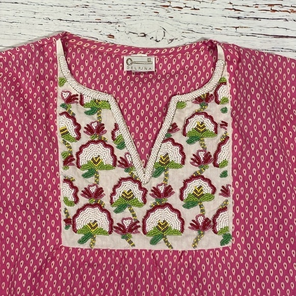 Delfina Tunic Pink Geometric Beaded Floral Resort Top - Picture 5 of 8